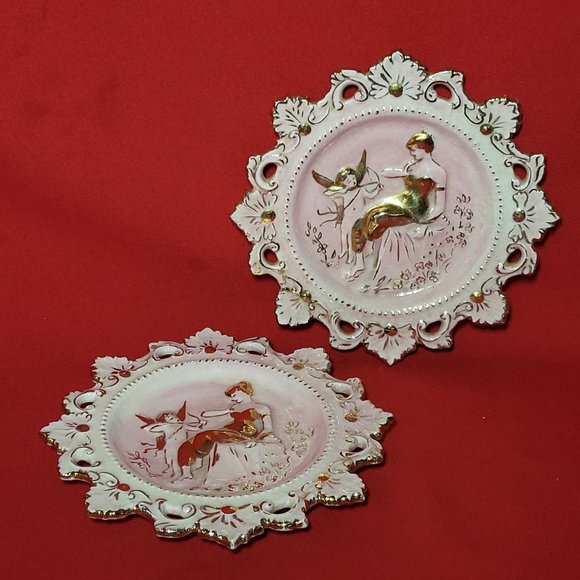 VTG Decorative Dish Cupid & Victorian Woman Gold Pink Painted Fluer De Lis Borde - Picture 7 of 11